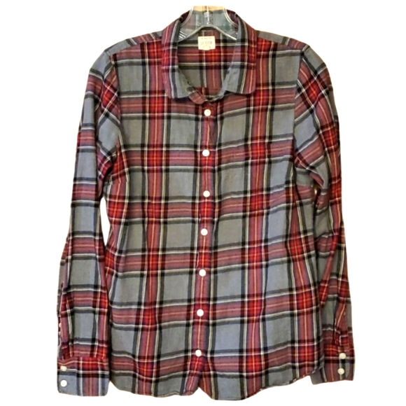 J. Crew Tops - J. Crew Womans Red & Gray Tartan Plaid Cotton Flannel Buttondown Shirt Size S
